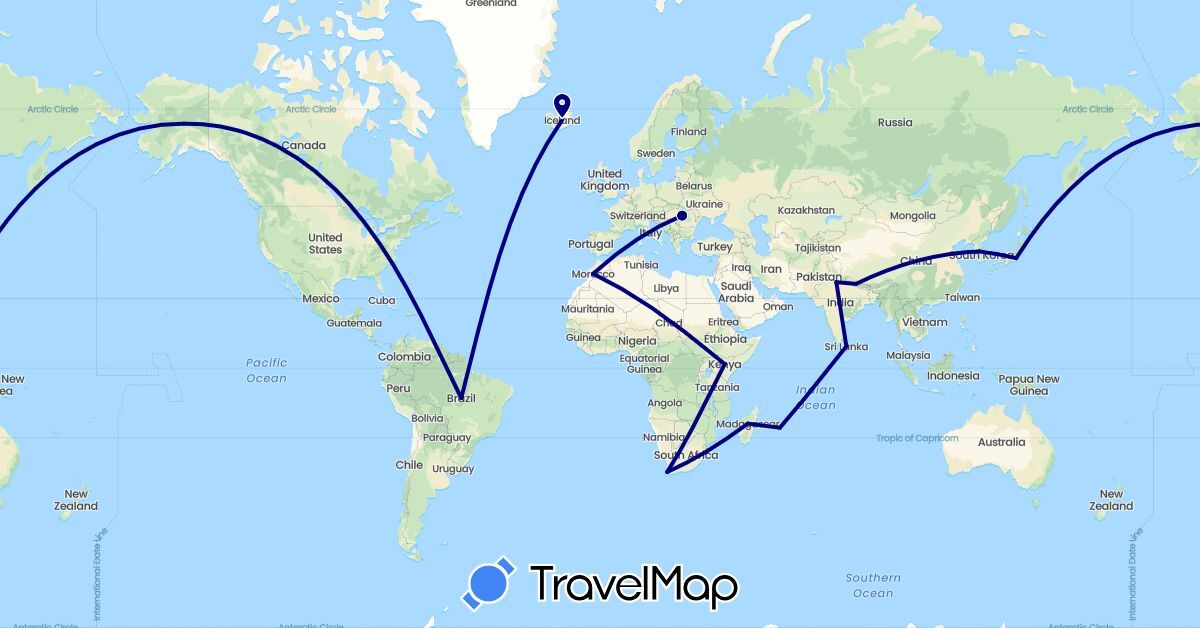 TravelMap itinerary: driving in Brazil, India, Iceland, Japan, Kenya, South Korea, Sri Lanka, Morocco, Madagascar, Mauritius, Nepal, Romania, United States, South Africa (Africa, Asia, Europe, North America, South America)